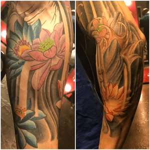 Lotus flower sleeve done around exsisting tribal (not pictured). 
