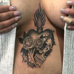 Tattoo by Megan Sanchez #MeganSanchez #TannParker #InktheDiaspora #skull #sacredheart #peony #thorns #fire #love #heart #qpocttt #poctattoo #qpoctattoo #brownskin #blackskin #empower #visibility #tattoocommunity