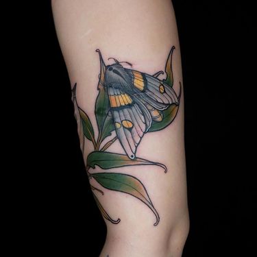 Tattoo by Maria Dolg #MariaDolg #coveruptattoos #coveruptattoo #coverup #tattoocoverup #scarcoverup #butterfly #flower #floral #leaves #plant #neotraditional #color