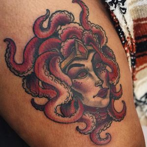 Tattoo by Jaylind Hamilton #JaylindHamilton #TannParker #InktheDiaspora #ladyhead #octopus #seacreature #goddess #deity #qpocttt #poctattoo #qpoctattoo #brownskin #blackskin #empower #visibility #tattoocommunity