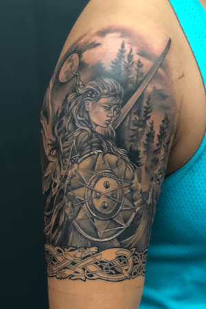 Viking ship and shieldmaiden sleeve with a nordic armband 