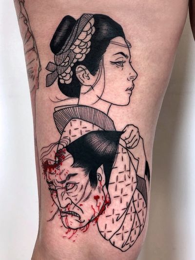 Tattoo by Silly Jane #SillyJane #darkarttattoos #darkart #illustrative #horror #darkness #demons #devils #ghosts #evil #severedhead #namakubi #blood #samurai #warrior #portrait #lady #babe