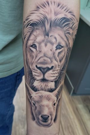 Lamb and lion done by artist Elias Mora at Arte Tattoo Studios located in Gainesville Georgia! 