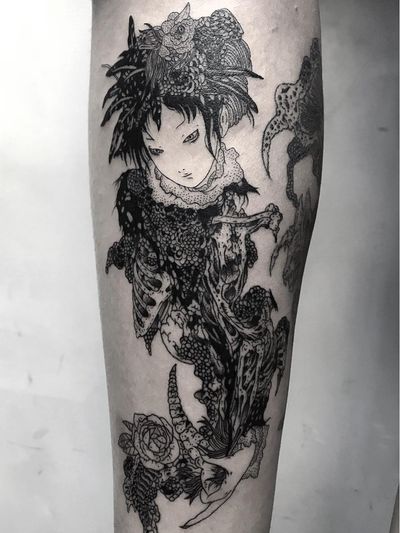 Tattoo by Frankie Sexton #FrankieSexton #darkarttattoos #darkart #illustrative #horror #darkness #demons #devils #ghosts #evil #takatoyamamoto