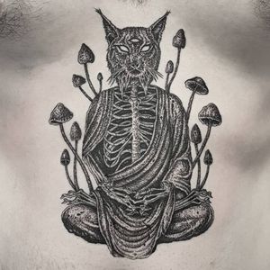 Tattoo by Josef Batar #JosefBatar #darkarttattoos #darkart #illustrative #horror #darkness #demons #devils #ghosts #evil #mushrooms #buddha #cat #thirdeye