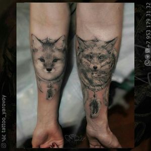 Realistic tattoo with fox and wolf. #dreamcatcher #fox #foxtattoo #wolf #wolftattoo 