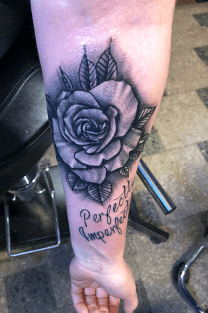 Black n grey freehand rose and script piece 
