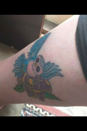 blue amd pink owl and rose calf tattoo march 2019