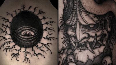 Tattoo on the left by Bang Ganji and tattoo on the right by Klim Shakhnin #KlimShakhnin #BangGanji #darkarttattoos #darkart #illustrative #horror #darkness #demons #devils #ghosts #evil