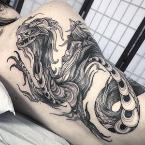 Tattoo by Lizard Milk #LizardMilk #NomiChi #tattoodoapp #tattoodoappartist #tattooartist #tattooart #tattoodoappspotlight #deity #dragon #creature #illustrative