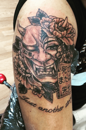 My first ever tattoo. The scroll says “Death or Glory” in Japanese and at the bottom it says “Just another story” and both reference the song Death Or Glory by The Clash, a song that holds a lot of meaning to me personally.  #hannya #oni #Geisha #japanese #firsttattoo #music #lyrics 