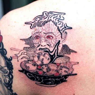 Tattoo by Julian Llouve #JulianLlouve #tattoodoapp #tattoodoappartist #tattooartist #tattooart #tattoodoappspotlight #surreal #wwarped #severedhead #namakubi #cyberpunk