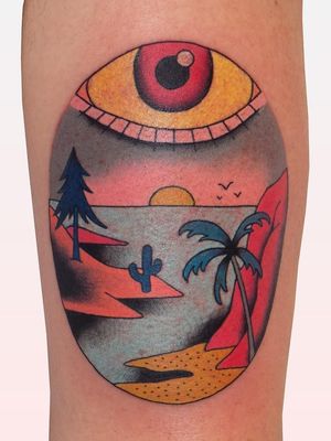 Tattoo by Brindi #Brindi #tattoodoapp #tattoodoappartist #tattooartist #tattooart #tattoodoappspotlight #island #landscape #sunset #eye #cactus #cacti #palmtree #tree #nature