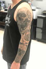 Black and grey skull and rose sleeve