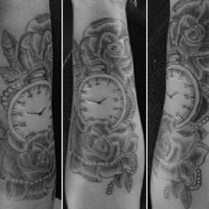 black and grey forarm pocketwatch and roses inkology nz design
