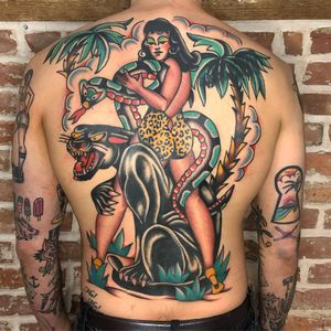 Tattoo by Jason Ochoa #JasonOchoa #tattoodoapp #tattoodoappartist #tattooartist #tattooart #tattoodoappspotlight #traditional #jaguar #lady #babe #pinup #snake #reptile #palmtree #coverup #backpiece