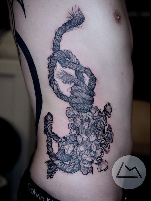 Tattoo by Landon Morgan #LandonMorgan #tattoodoapp #tattoodoappartist #tattooartist #tattooart #tattoodoappspotlight #rope #leaves #flowers #illustrative