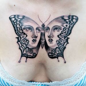 Tattoo by Ana and Camille #AnaandCamille #blackandgrey #illustrative #renaissance #butterfly #portrait #lady