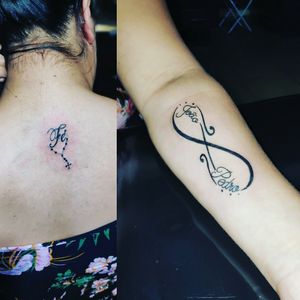 Tatuagem de infinito com nomes e fé com tercinho