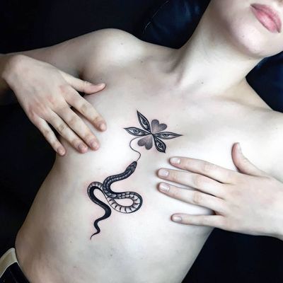 Tattoo by Ana and Camille #AnaandCamille #blackandgrey #illustrative #renaissance #hearts #snake #eyes
