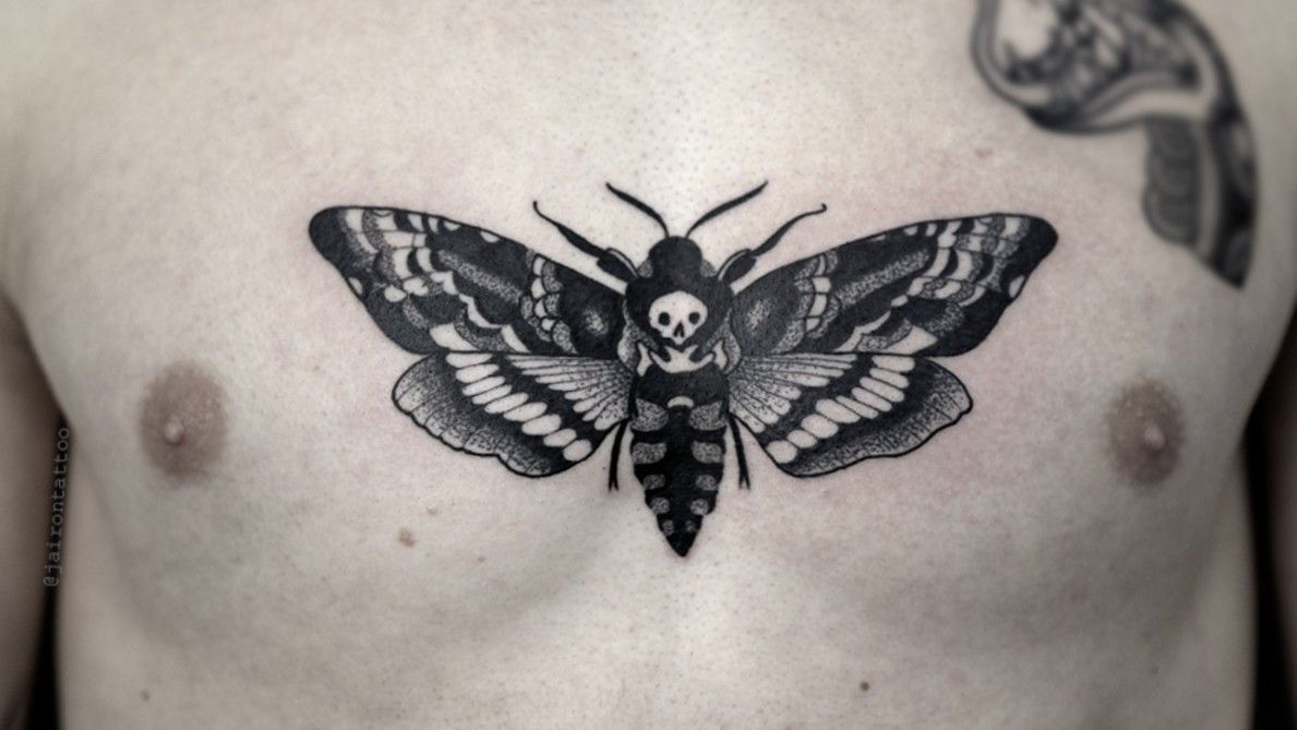 Huge moth and skull tattoo chest piece  Moth tattoo Sick tattoo Moth  tattoo design