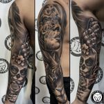 Realistic Black & Grey full arm sleeve tattoo. #realismsleeve #realistic #realism #chicano #chicanos #sleeve #armsleeve #fullsleeve #blackandgrey #blackandgreytattoo #realistictattoo 