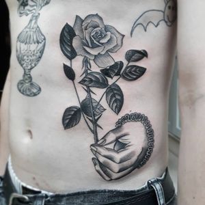 Tattoo by Ana and Camille #AnaandCamille #blackandgrey #illustrative #renaissance #hand #rose #flower #floral #leaves
