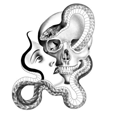 SIDONKU Skull Various Tattoo Doodle White Dagger Snake Ink Pizza