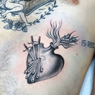 Tattoo by Ana and Camille #AnaandCamille #blackandgrey #illustrative #renaissance #sacredheart #fire #sword #blood #heart