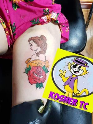 Beauty and the Beast tattoo! Customer sat really well and is going to get last bit finished off very soon and can't wait! #cartoon #disney #beautyandthebeast #fullcolour #intenze #elegant #tattoo #beauty #femininetattoo #statementtattoo #brightandbold #rose #brightred #gold #Belle #thightattoos 