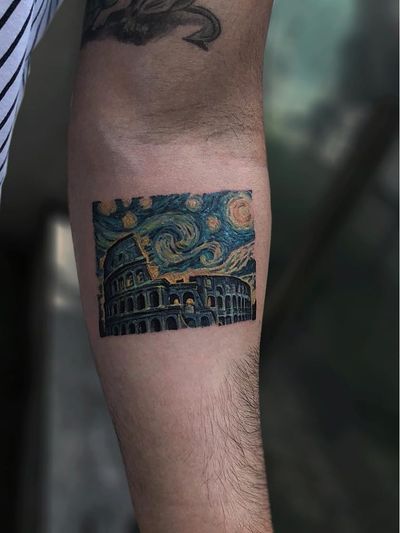 Tattoo by Serkan Demirboga #SerkanDemirboga #moontattoos #Moontattoo #moon #night #nightsky #nature #sky #vangogh #colosseum #building #architecture #rome #italy #painting #fineart