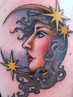 Tattoo by Guen Douglas #GuenDouglas #moontattoos #Moontattoo #moon #night #nightsky #nature #sky #color #neotraditional #ladyhead #star #lady