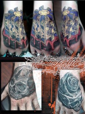 Horror band pieces#hand #tattoos #hellraiser #puzzlebox #skull #rose  #humanbody #finger #flesh #art #instapic #instatattoo #bodyart #tattedup #photography #horror #inkedup #tattooed #tatted #tattoist #tats #amazingink #ink #coverup #instaart #blood #evil 