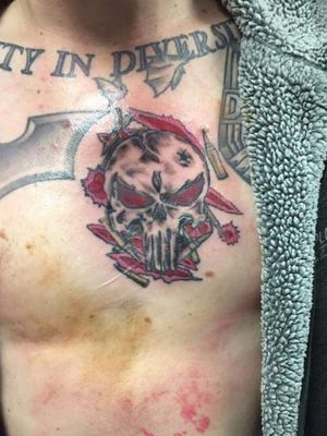 Awesome bad ass colour punisher tattoo, really really had fun with this piece #thepunisher #redandblack #colour #comicbook #cartoon #RedandBlackTattoos #thepunishertattoo #skulltattoo #badasstattoo #badass #red #intenze #lancing #sabre #shoreham #koshertc