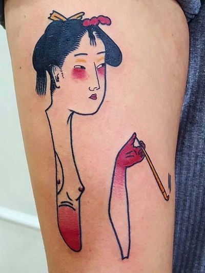 Tattoo by Paul Colli #PaulColli #traditional #geisha #Japanese #opium #pipe #smoke #portrait #lady #ladyhead #color