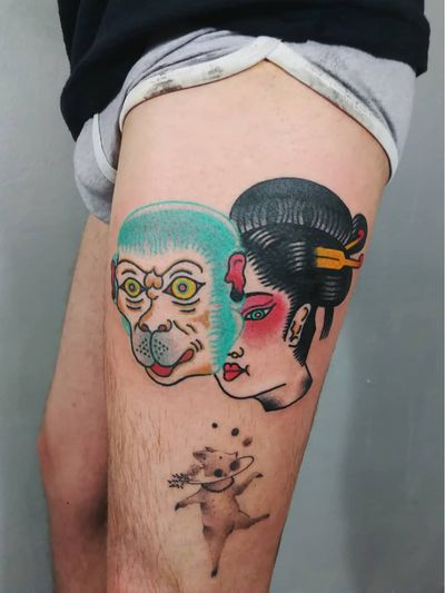 Tattoo by Paul Colli #PaulColli #traditional #geisha #Japanese #lady #ladyhead #Monkey #mask #color