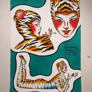 Flash de tatuaje de Paul Colli #PaulColli #tradicional #leopard #catlady #catwoman #tiger #cat #kitty #babe #pinup