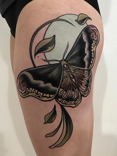 Tattoo by Brian Povak #BrianPovak #moontattoos #Moontattoo #moon #night #nightsky #nature #sky #moth #butterfly #wings #plant #leaves #neotraditional #color
