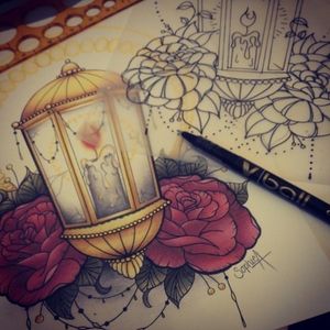 Candlelight. By Sophie A.#beautiful #candletattoo #lanterntattoo #illustration #design #lantern #candle #fire #roses #dots #dotwork #linework #colorful #colortattoo #shinebright #blacklines #candlelight #girlytattoo #amazingink #redroses 