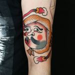 Tattoo by Paul Colli #PaulColli #traditional #Hyottoko #mask #funny #Japanese #color #irezumi #dotwork