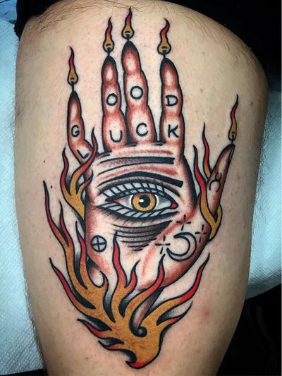 Tattoo by Steve Zimovan #SteveZimovan #moontattoos #Moontattoo #moon #night #nightsky #nature #sky #traditional #fire #eye #goodluck #star #sigil #symbol #palmreader #tarot #magic