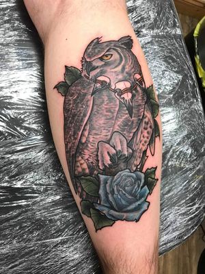 This is my first tattoo, it's an horned owl in the neo traditional style. This was done by Ash at Society Thirteen Tattoo Studio.