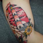 Tattoo by Andrei Vintikov #AndreiVintikov #landscapetattoos #landscape #world #land #world #earth #environment #lighthouse #traditional #flower #sea #birds