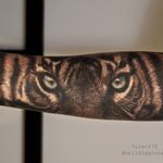 Realistic tiger eyes forearm tattoo