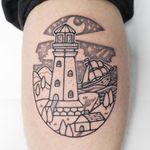 Tattoo by Hugocide #Hugocide #landscapetattoos #landscape #world #land #world #earth #environment #lighthouse #ship #house #tree #ocean #sky #illustrative