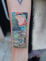 Tattoo by Pitta #Pittakkm #landscapetattoos #landscape #world #land #world #earth #environment #color #studioghibli #cloud #birds #castle #laputa #castleinthesky #robot #mountain #moon #sun #stars