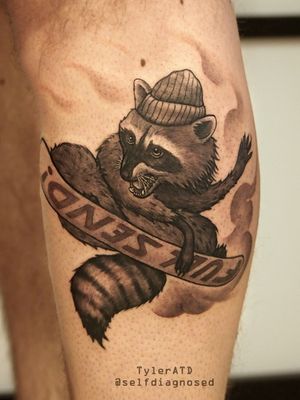 Full send snowboarding raccoon tattoo