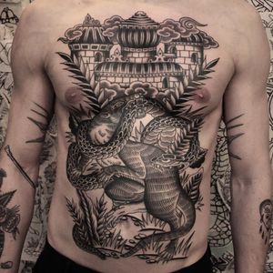 Tattoo by Joel Soos #JoelSoos #landscapetattoos #landscape #world #land #world #earth #environment #mongoose #snake #castle #animals #blackandgrey