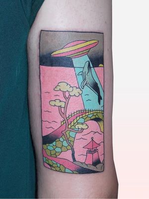 Tattoo by Brindi #Brindi #landscapetattoos #landscape #world #land #world #earth #environment #whale #Japanese #building #bridge #tree #ufo #illustrative
