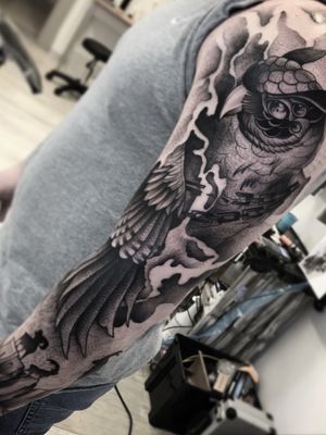 Two days on row #owl #sleeve #tattoo #dotwork #blackwork #graphic #sweden